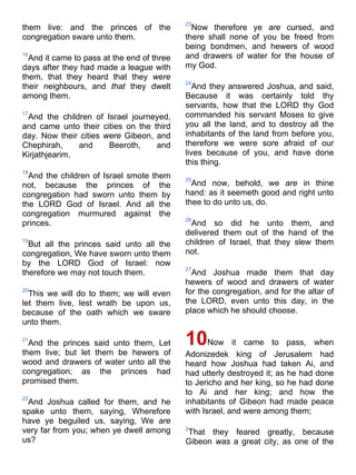 them live: and the princes of the
congregation sware unto them.
16
And it came to pass at the end of three
days after they had made a league with
them, that they heard that they were
their neighbours, and that they dwelt
among them.
17
And the children of Israel journeyed,
and came unto their cities on the third
day. Now their cities were Gibeon, and
Chephirah, and Beeroth, and
Kirjathjearim.
18
And the children of Israel smote them
not, because the princes of the
congregation had sworn unto them by
the LORD God of Israel. And all the
congregation murmured against the
princes.
19
But all the princes said unto all the
congregation, We have sworn unto them
by the LORD God of Israel: now
therefore we may not touch them.
20
This we will do to them; we will even
let them live, lest wrath be upon us,
because of the oath which we sware
unto them.
21
And the princes said unto them, Let
them live; but let them be hewers of
wood and drawers of water unto all the
congregation; as the princes had
promised them.
22
And Joshua called for them, and he
spake unto them, saying, Wherefore
have ye beguiled us, saying, We are
very far from you; when ye dwell among
us?
23
Now therefore ye are cursed, and
there shall none of you be freed from
being bondmen, and hewers of wood
and drawers of water for the house of
my God.
24
And they answered Joshua, and said,
Because it was certainly told thy
servants, how that the LORD thy God
commanded his servant Moses to give
you all the land, and to destroy all the
inhabitants of the land from before you,
therefore we were sore afraid of our
lives because of you, and have done
this thing.
25
And now, behold, we are in thine
hand: as it seemeth good and right unto
thee to do unto us, do.
26
And so did he unto them, and
delivered them out of the hand of the
children of Israel, that they slew them
not.
27
And Joshua made them that day
hewers of wood and drawers of water
for the congregation, and for the altar of
the LORD, even unto this day, in the
place which he should choose.
10Now it came to pass, when
Adonizedek king of Jerusalem had
heard how Joshua had taken Ai, and
had utterly destroyed it; as he had done
to Jericho and her king, so he had done
to Ai and her king; and how the
inhabitants of Gibeon had made peace
with Israel, and were among them;
2
That they feared greatly, because
Gibeon was a great city, as one of the
 