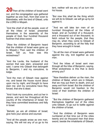 20Then all the children of Israel went
out, and the congregation was gathered
together as one man, from Dan even to
Beersheba, with the land of Gilead, unto
the LORD in Mizpeh.
2
And the chief of all the people, even of
all the tribes of Israel, presented
themselves in the assembly of the
people of God, four hundred thousand
footmen that drew sword.
3
(Now the children of Benjamin heard
that the children of Israel were gone up
to Mizpeh.) Then said the children of
Israel, Tell us, how was this
wickedness?
4
And the Levite, the husband of the
woman that was slain, answered and
said, I came into Gibeah that belongeth
to Benjamin, I and my concubine, to
lodge.
5
And the men of Gibeah rose against
me, and beset the house round about
upon me by night, and thought to have
slain me: and my concubine have they
forced, that she is dead.
6
And I took my concubine, and cut her in
pieces, and sent her throughout all the
country of the inheritance of Israel: for
they have committed lewdness and folly
in Israel.
7
Behold, ye are all children of Israel;
give here your advice and counsel.
8
And all the people arose as one man,
saying, We will not any of us go to his
tent, neither will we any of us turn into
his house.
9
But now this shall be the thing which
we will do to Gibeah; we will go up by lot
against it;
10
And we will take ten men of an
hundred throughout all the tribes of
Israel, and an hundred of a thousand,
and a thousand out of ten thousand, to
fetch victual for the people, that they
may do, when they come to Gibeah of
Benjamin, according to all the folly that
they have wrought in Israel.
11
So all the men of Israel were gathered
against the city, knit together as one
man.
12
And the tribes of Israel sent men
through all the tribe of Benjamin, saying,
What wickedness is this that is done
among you?
13
Now therefore deliver us the men, the
children of Belial, which are in Gibeah,
that we may put them to death, and put
away evil from Israel. But the children of
Benjamin would not hearken to the
voice of their brethren the children of
Israel:
14
But the children of Benjamin gathered
themselves together out of the cities
unto Gibeah, to go out to battle against
the children of Israel.
15
And the children of Benjamin were
numbered at that time out of the cities
twenty and six thousand men that drew
sword, beside the inhabitants of Gibeah,
 