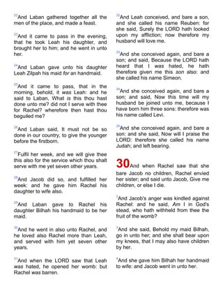 22
And Laban gathered together all the
men of the place, and made a feast.
23
And it came to pass in the evening,
that he took Leah his daughter, and
brought her to him; and he went in unto
her.
24
And Laban gave unto his daughter
Leah Zilpah his maid for an handmaid.
25
And it came to pass, that in the
morning, behold, it was Leah: and he
said to Laban, What is this thou hast
done unto me? did not I serve with thee
for Rachel? wherefore then hast thou
beguiled me?
26
And Laban said, It must not be so
done in our country, to give the younger
before the firstborn.
27
Fulfil her week, and we will give thee
this also for the service which thou shalt
serve with me yet seven other years.
28
And Jacob did so, and fulfilled her
week: and he gave him Rachel his
daughter to wife also.
29
And Laban gave to Rachel his
daughter Bilhah his handmaid to be her
maid.
30
And he went in also unto Rachel, and
he loved also Rachel more than Leah,
and served with him yet seven other
years.
31
And when the LORD saw that Leah
was hated, he opened her womb: but
Rachel was barren.
32
And Leah conceived, and bare a son,
and she called his name Reuben: for
she said, Surely the LORD hath looked
upon my affliction; now therefore my
husband will love me.
33
And she conceived again, and bare a
son; and said, Because the LORD hath
heard that I was hated, he hath
therefore given me this son also: and
she called his name Simeon.
34
And she conceived again, and bare a
son; and said, Now this time will my
husband be joined unto me, because I
have born him three sons: therefore was
his name called Levi.
35
And she conceived again, and bare a
son: and she said, Now will I praise the
LORD: therefore she called his name
Judah; and left bearing.
30And when Rachel saw that she
bare Jacob no children, Rachel envied
her sister; and said unto Jacob, Give me
children, or else I die.
2
And Jacob's anger was kindled against
Rachel: and he said, Am I in God's
stead, who hath withheld from thee the
fruit of the womb?
3
And she said, Behold my maid Bilhah,
go in unto her; and she shall bear upon
my knees, that I may also have children
by her.
4
And she gave him Bilhah her handmaid
to wife: and Jacob went in unto her.
 