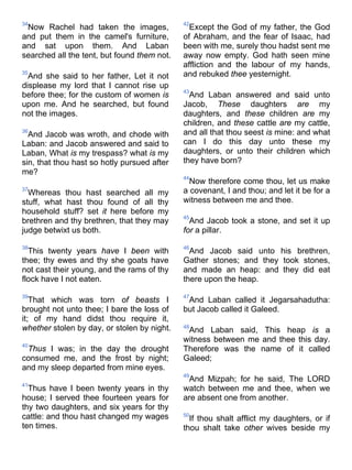 34
Now Rachel had taken the images,
and put them in the camel's furniture,
and sat upon them. And Laban
searched all the tent, but found them not.
35
And she said to her father, Let it not
displease my lord that I cannot rise up
before thee; for the custom of women is
upon me. And he searched, but found
not the images.
36
And Jacob was wroth, and chode with
Laban: and Jacob answered and said to
Laban, What is my trespass? what is my
sin, that thou hast so hotly pursued after
me?
37
Whereas thou hast searched all my
stuff, what hast thou found of all thy
household stuff? set it here before my
brethren and thy brethren, that they may
judge betwixt us both.
38
This twenty years have I been with
thee; thy ewes and thy she goats have
not cast their young, and the rams of thy
flock have I not eaten.
39
That which was torn of beasts I
brought not unto thee; I bare the loss of
it; of my hand didst thou require it,
whether stolen by day, or stolen by night.
40
Thus I was; in the day the drought
consumed me, and the frost by night;
and my sleep departed from mine eyes.
41
Thus have I been twenty years in thy
house; I served thee fourteen years for
thy two daughters, and six years for thy
cattle: and thou hast changed my wages
ten times.
42
Except the God of my father, the God
of Abraham, and the fear of Isaac, had
been with me, surely thou hadst sent me
away now empty. God hath seen mine
affliction and the labour of my hands,
and rebuked thee yesternight.
43
And Laban answered and said unto
Jacob, These daughters are my
daughters, and these children are my
children, and these cattle are my cattle,
and all that thou seest is mine: and what
can I do this day unto these my
daughters, or unto their children which
they have born?
44
Now therefore come thou, let us make
a covenant, I and thou; and let it be for a
witness between me and thee.
45
And Jacob took a stone, and set it up
for a pillar.
46
And Jacob said unto his brethren,
Gather stones; and they took stones,
and made an heap: and they did eat
there upon the heap.
47
And Laban called it Jegarsahadutha:
but Jacob called it Galeed.
48
And Laban said, This heap is a
witness between me and thee this day.
Therefore was the name of it called
Galeed;
49
And Mizpah; for he said, The LORD
watch between me and thee, when we
are absent one from another.
50
If thou shalt afflict my daughters, or if
thou shalt take other wives beside my
 