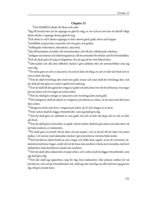 Chapter 25
1
Och HERREN talade till Mose och sade:
2
Säg till Israels barn att de upptaga en gärd åt mig; av var och en som har ett därtill villigt
hjärta skolen I upptaga denna gärd åt mig.
3
Och detta är vad I skolen upptaga av dem såsom gärd: guld, silver och koppar
4
mörkblått, purpurrött, rosenrött och vitt garn och gethår,
5
rödfärgade vädurskinn, tahasskinn, akacieträ,
6
olja till ljusstaken, kryddor till smörjelseoljan och till den välluktande rökelsen,
7
äntligen onyxstenar och infattningsstenar, till att användas för efoden och för bröstskölden.
8
Och de skola göra åt mig en helgedom, för att jag må bo mitt ibland dem.
9
Tabernaklet och alla dess tillbehör skolen I göra alldeles efter de mönsterbilder som jag
visar dig.
10
De skola göra en ark av akacieträ, två och en halv aln lång, en och en halv aln bred och en
och en halv aln hög.
11
Och du skall överdraga den med rent guld, innan och utan skall du överdraga den; och
du skall på den göra en rand av guld runt omkring.
12
Och du skall till den gjuta fyra ringar av guld och sätta dem över de fyra fötterna, två ringar
på ena sidan och två ringar på andra sidan.
13
Och du skall göra stänger av akacieträ och överdraga dem med guld.
14
Och stängerna skall du skjuta in i ringarna, på sidorna av arken, så att man med dem kan
bära arken.
15
Stängerna skola sitta kvar i ringarna på arken; de få icke dragas ut ur dem.
16
Och i arken skall du lägga vittnesbördet, som jag skall giva dig.
17
Och du skall göra en nådastol av rent guld, två och en halv aln lång och en och en halv
aln bred.
18
Och du skall göra två keruber av guld; i drivet arbete skall du göra dem och sätta dem vid
de båda ändarna av nådastolen.
19
Du skall göra en kerub till att sätta vid ena ändan, och en kerub till att sätta vid andra
ändan. I ett stycke med nådastolen skolen I göra keruberna vid dess båda ändar.
20
Och keruberna skola breda ut sina vingar och hålla dem uppåt, så att de övertäcka nå-
dastolen med sina vingar, under det att de hava sina ansikten vända mot varandra; ned mot
nådastolen skola keruberna vända sina ansikten.
21
Och du skall sätta nådastolen ovanpå arken, och i arken skall du lägga vittnesbördet, som
jag skall giva dig.
22
Och där skall jag uppenbara mig för dig; från nådastolen, från platsen mellan de två
keruberna, som stå på vittnesbördets ark, skall jag tala med dig om alla bud som jag genom
dig vill giva Israels barn.
152
Exodus 25
 