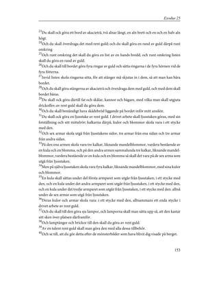 23
Du skall ock göra ett bord av akacieträ, två alnar långt, en aln brett och en och en halv aln
högt.
24
Och du skall överdraga det med rent guld; och du skall göra en rand av guld därpå runt
omkring
25
Och runt omkring det skall du göra en list av en hands bredd, och runt omkring listen
skall du göra en rand av guld.
26
Och du skall till bordet göra fyra ringar av guld och sätta ringarna i de fyra hörnen vid de
fyra fötterna.
27
Invid listen skola ringarna sitta, för att stänger må skjutas in i dem, så att man kan bära
bordet.
28
Och du skall göra stängerna av akacieträ och överdraga dem med guld, och med dem skall
bordet bäras.
29
Du skall ock göra därtill fat och skålar, kannor och bägare, med vilka man skall utgjuta
drickoffer; av rent guld skall du göra dem.
30
Och du skall beständigt hava skådebröd liggande på bordet inför mitt ansikte.
31
Du skall ock göra en ljusstake av rent guld. I drivet arbete skall ljusstaken göras, med sin
fotställning och sitt mittelrör; kalkarna därpå, kulor och blommor skola vara i ett stycke
med den.
32
Och sex armar skola utgå från ljusstakens sidor, tre armar från ena sidan och tre armar
från andra sidan.
33
På den ena armen skola vara tre kalkar, liknande mandelblommor, vardera bestående av
en kula och en blomma, och på den andra armen sammalunda tre kalkar, liknande mandel-
blommor, vardera bestående av en kula och en blomma så skall det vara på de sex arma som
utgå från ljusstaken.
34
Men på själva ljusstaken skola vara fyra kalkar, liknande mandelblommor, med sina kulor
och blommor.
35
En kula skall sättas under del första armparet som utgår från ljusstaken, i ett stycke med
den, och en kula under det andra armparet som utgår från ljusstaken, i ett stycke med den,
och en kula under det tredje armparet som utgår från ljusstaken, i ett stycke med den: alltså
under de sex armar som utgå från ljusstaken.
36
Deras kulor och armar skola vara: i ett stycke med den, alltsammans ett enda stycke i
drivet arbete av rent guld.
37
Och du skall till den göra sju lampor, och lamporna skall man sätta upp så, att den kastar
sitt sken över platsen därframför.
38
Och lamptänger och brickor till den skall du göra av rent guld.
39
Av en talent rent guld skall man göra den med alla dessa tillbehör.
40
Och se till, att du gör detta efter de mönsterbilder som hava blivit dig visade på berget.
153
Exodus 25
 