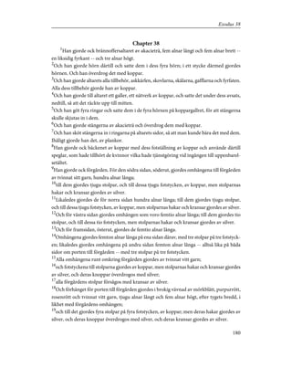 Chapter 38
1
Han gjorde ock brännoffersaltaret av akacieträ, fem alnar långt och fem alnar brett --
en liksidig fyrkant -- och tre alnar högt.
2
Och han gjorde hörn därtill och satte dem i dess fyra hörn; i ett stycke därmed gjordes
hörnen. Och han överdrog det med koppar.
3
Och han gjorde altarets alla tillbehör, askkärlen, skovlarna, skålarna, gafflarna och fyrfaten.
Alla dess tillbehör gjorde han av koppar.
4
Och han gjorde till altaret ett galler, ett nätverk av koppar, och satte det under dess avsats,
nedtill, så att det räckte upp till mitten.
5
Och han göt fyra ringar och satte dem i de fyra hörnen på koppargallret, för att stängerna
skulle skjutas in i dem.
6
Och han gjorde stängerna av akacieträ och överdrog dem med koppar.
7
Och han sköt stängerna in i ringarna på altarets sidor, så att man kunde bära det med dem.
Ihåligt gjorde han det, av plankor.
8
Han gjorde ock bäckenet av koppar med dess fotställning av koppar och använde därtill
speglar, som hade tillhört de kvinnor vilka hade tjänstgöring vid ingången till uppenbarel-
setältet.
9
Han gjorde ock förgården. För den södra sidan, söderut, gjordes omhängena till förgården
av tvinnat sitt garn, hundra alnar långa;
10
till dem gjordes tjugu stolpar, och till dessa tjugu fotstycken, av koppar, men stolparnas
hakar och kransar gjordes av silver.
11
Likaledes gjordes de för norra sidan hundra alnar långa; till dem gjordes tjugu stolpar,
och till dessa tjugu fotstycken, av koppar, men stolparnas hakar och kransar gjordes av silver.
12
Och för västra sidan gjordes omhängen som voro femtio alnar långa; till dem gjordes tio
stolpar, och till dessa tio fotstycken, men stolparnas hakar och kransar gjordes av silver.
13
Och för framsidan, österut, gjordes de femtio alnar långa.
14
Omhängena gjordes femton alnar långa på ena sidan därav, med tre stolpar på tre fotstyck-
en; likaledes gjordes omhängena på andra sidan femton alnar långa -- alltså lika på båda
sidor om porten till förgården -- med tre stolpar på tre fotstycken.
15
Alla omhängena runt omkring förgården gjordes av tvinnat vitt garn;
16
och fotstyckena till stolparna gjordes av koppar, men stolparnas hakar och kransar gjordes
av silver, och deras knoppar överdrogos med silver;
17
alla förgårdens stolpar försågos med kransar av silver.
18
Och förhänget för porten till förgården gjordes i brokig vävnad av mörkblått, purpurrött,
rosenrött och tvinnat vitt garn, tjugu alnar långt och fem alnar högt, efter tygets bredd, i
likhet med förgårdens omhängen;
19
och till det gjordes fyra stolpar på fyra fotstycken, av koppar; men deras hakar gjordes av
silver, och deras knoppar överdrogos med silver, och deras kransar gjordes av silver.
180
Exodus 38
 