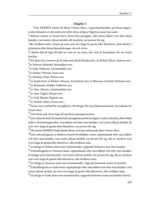 Chapter 1
1
Och HERREN talade till Mose i Sinais öken, i uppenbarelsetältet, på första dagen i
andra månaden av det andra året efter deras uttåg ur Egyptens land; han sade:
2
»Räknen antalet av Israels barn, deras hela menighet, efter deras släkter och efter deras
familjer, vart namn räknat särskilt, allt mankön, var person för sig;
3
alla stridbara män i Israel, de män som äro tjugu år gamla eller därutöver, dem skolen I
inmönstra efter deras häravdelningar, du och Aron.
4
I skolen därvid taga till eder en man av var stam, den som är huvudman för sin stams
familjer.
5
Och dessa äro namnen på de män som skola biträda eder: av Ruben: Elisur, Sedeurs son;
6
av Simeon: Selumiel, Surisaddais son;
7
av Juda: Naheson, Amminadabs son;
8
av Isaskar: Netanel, Suars son;
9
av Sebulon: Eliab, Helons son;
10
av Josefs barn: av Efraim: Elisama, Ammihuds son; av Manasse: Gamliel, Pedasurs son;
11
av Benjamin: Abidan, Gideonis son;
12
av Dan: Ahieser, Ammisaddais son;
13
av Aser: Pagiel, Okrans son;
14
av Gad: Eljasaf, Deguels son;
15
av Naftali: Ahira, Enans son.»
16
Dessa voro ombud för menigheten, hövdingar för sina fädernestammar, huvudmän för
Israels ätter.
17
Och Mose och Aron togo till sig dessa namngivna män;
18
och sedan de hade församlat hela menigheten på första dagen i andra månaden, blev folket
infört i förteckningen efter sina släkter och efter sina familjer, vart namn räknat särskilt, de
som voro tjugu år gamla eller därutöver, var person för sig,
19
allt såsom HERREN hade bjudit Mose; och han mönstrade dem i Sinais öken.
20
Och avkomlingarna av Rubens, Israels förstföddes, söner, upptecknade efter sina släkter
och efter sina familjer, vart namn räknat särskilt, var person för sig, alla av mankön som
voro tjugu år gamla eller därutöver, alla stridbara män,
21
så många av Rubens stam som inmönstrades, utgjorde fyrtiosex tusen fem hundra.
22
Avkomlingarna av Simeons söner, upptecknade efter sina släkter och efter sina familjer,
så många som inmönstrades, vart namn räknat särskilt, var person för sig, alla av mankön
som voro tjugu år gamla eller därutöver, alla stridbara män,
23
så många av Simeons stam som inmönstrades, utgjorde femtionio tusen tre hundra.
24
Avkomlingarna av Gads söner, upptecknade efter sina släkter och efter sina familjer, vart
namn räknat särskilt, de som voro tjugu år gamla eller därutöver, alla stridbara män,
25
så många av Gads stam som inmönstrades, utgjorde fyrtiofem tusen sex hundra femtio.
249
Numbers 1
 