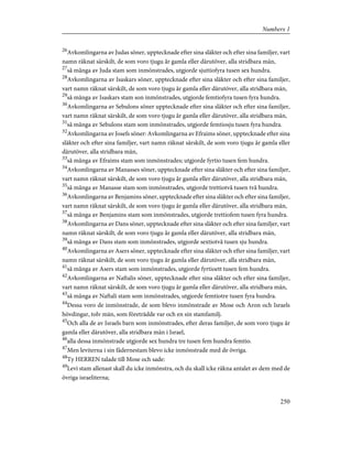 26
Avkomlingarna av Judas söner, upptecknade efter sina släkter och efter sina familjer, vart
namn räknat särskilt, de som voro tjugu år gamla eller därutöver, alla stridbara män,
27
så många av Juda stam som inmönstrades, utgjorde sjuttiofyra tusen sex hundra.
28
Avkomlingarna av Isaskars söner, upptecknade efter sina släkter och efter sina familjer,
vart namn räknat särskilt, de som voro tjugu år gamla eller därutöver, alla stridbara män,
29
så många av Isaskars stam son inmönstrades, utgjorde femtiofyra tusen fyra hundra.
30
Avkomlingarna av Sebulons söner upptecknade efter sina släkter och efter sina familjer,
vart namn räknat särskilt, de som voro tjugu år gamla eller därutöver, alla stridbara män,
31
så många av Sebulons stam som inmönstrades, utgjorde femtiosju tusen fyra hundra.
32
Avkomlingarna av Josefs söner: Avkomlingarna av Efraims söner, upptecknade efter sina
släkter och efter sina familjer, vart namn räknat särskilt, de som voro tjugu år gamla eller
därutöver, alla stridbara män,
33
så många av Efraims stam som inmönstrades; utgjorde fyrtio tusen fem hundra.
34
Avkomlingarna av Manasses söner, upptecknade efter sina släkter och efter sina familjer,
vart namn räknat särskilt, de som voro tjugu år gamla eller därutöver, alla stridbara män,
35
så många av Manasse stam som inmönstrades, utgjorde trettiotvå tusen två hundra.
36
Avkomlingarna av Benjamins söner, upptecknade efter sina släkter och efter sina familjer,
vart namn räknat särskilt, de som voro tjugu år gamla eller därutöver, alla stridbara män,
37
så många av Benjamins stam som inmönstrades, utgjorde trettiofem tusen fyra hundra.
38
Avkomlingarna av Dans söner, upptecknade efter sina släkter och efter sina familjer, vart
namn räknat särskilt, de som voro tjugu år gamla eller därutöver, alla stridbara män,
39
så många av Dans stam som inmönstrades, utgjorde sextiotvå tusen sju hundra.
40
Avkomlingarna av Asers söner, upptecknade efter sina släkter och efter sina familjer, vart
namn räknat särskilt, de som voro tjugu år gamla eller därutöver, alla stridbara män,
41
så många av Asers stam som inmönstrades, utgjorde fyrtioett tusen fem hundra.
42
Avkomlingarna av Naftalis söner, upptecknade efter sina släkter och efter sina familjer,
vart namn räknat särskilt, de som voro tjugu år gamla eller därutöver, alla stridbara män,
43
så många av Naftali stam som inmönstrades, utgjorde femtiotre tusen fyra hundra.
44
Dessa voro de inmönstrade, de som blevo inmönstrade av Mose och Aron och Israels
hövdingar, tolv män, som företrädde var och en sin stamfamilj.
45
Och alla de av Israels barn som inmönstrades, efter deras familjer, de som voro tjugu år
gamla eller därutöver, alla stridbara män i Israel,
46
alla dessa inmönstrade utgjorde sex hundra tre tusen fem hundra femtio.
47
Men leviterna i sin fädernestam blevo icke inmönstrade med de övriga.
48
Ty HERREN talade till Mose och sade:
49
Levi stam allenast skall du icke inmönstra, och du skall icke räkna antalet av dem med de
övriga israeliterna;
250
Numbers 1
 