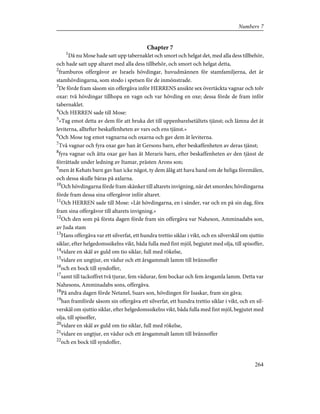 Chapter 7
1
Då nu Mose hade satt upp tabernaklet och smort och helgat det, med alla dess tillbehör,
och hade satt upp altaret med alla dess tillbehör, och smort och helgat detta,
2
framburos offergåvor av Israels hövdingar, huvudmännen för stamfamiljerna, det är
stamhövdingarna, som stodo i spetsen för de inmönstrade.
3
De förde fram såsom sin offergåva inför HERRENS ansikte sex övertäckta vagnar och tolv
oxar: två hövdingar tillhopa en vagn och var hövding en oxe; dessa förde de fram inför
tabernaklet.
4
Och HERREN sade till Mose:
5
»Tag emot detta av dem för att bruka det till uppenbarelsetältets tjänst; och lämna det åt
leviterna, alltefter beskaffenheten av vars och ens tjänst.»
6
Och Mose tog emot vagnarna och oxarna och gav dem åt leviterna.
7
Två vagnar och fyra oxar gav han åt Gersons barn, efter beskaffenheten av deras tjänst;
8
fyra vagnar och åtta oxar gav han åt Meraris barn, efter beskaffenheten av den tjänst de
förrättade under ledning av Itamar, prästen Arons son;
9
men åt Kehats barn gav han icke något, ty dem ålåg att hava hand om de heliga föremålen,
och dessa skulle bäras på axlarna.
10
Och hövdingarna förde fram skänker till altarets invigning, när det smordes; hövdingarna
förde fram dessa sina offergåvor inför altaret.
11
Och HERREN sade till Mose: »Låt hövdingarna, en i sänder, var och en på sin dag, föra
fram sina offergåvor till altarets invigning.»
12
Och den som på första dagen förde fram sin offergåva var Naheson, Amminadabs son,
av Juda stam
13
Hans offergåva var ett silverfat, ett hundra trettio siklar i vikt, och en silverskål om sjuttio
siklar, efter helgedomssikelns vikt, båda fulla med fint mjöl, begjutet med olja, till spisoffer,
14
vidare en skål av guld om tio siklar, full med rökelse,
15
vidare en ungtjur, en vädur och ett årsgammalt lamm till brännoffer
16
och en bock till syndoffer,
17
samt till tackoffret två tjurar, fem vädurar, fem bockar och fem årsgamla lamm. Detta var
Nahesons, Amminadabs sons, offergåva.
18
På andra dagen förde Netanel, Suars son, hövdingen för Isaskar, fram sin gåva;
19
han framförde såsom sin offergåva ett silverfat, ett hundra trettio siklar i vikt, och en sil-
verskål om sjuttio siklar, efter helgedomssikelns vikt, båda fulla med fint mjöl, begjutet med
olja, till spisoffer,
20
vidare en skål av guld om tio siklar, full med rökelse,
21
vidare en ungtjur, en vädur och ett årsgammalt lamm till brännoffer
22
och en bock till syndoffer,
264
Numbers 7
 