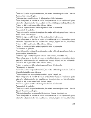 23
samt till tackoffret två tjurar, fem vädurar, fem bockar och fem årsgamla lamm. Detta var
Netanels, Suars sons, offergåva.
24
På tredje dagen kom hövdingen för Sebulons barn, Eliab, Helons son;
25
hans offergåva var ett silverfat, ett hundra trettio siklar i vikt, och en silverskål om sjuttio
siklar, efter helgedomssikelns vikt, båda fulla med fint mjöl, begjutet med olja, till spisoffer
26
vidare en skål av guld om tio siklar, full med rökelse,
27
vidare en ungtjur, en vädur och ett årsgammalt lamm till brännoffer
28
och en bock till syndoffer,
29
samt till tackoffret två tjurar, fem vädurar, fem bockar och fem årsgamla lamm. Detta var
Eliabs, Helons sons, offergåva.
30
På fjärde dagen kom hövdingen för Rubens barn, Elisur, Sedeurs son;
31
hans offergåva var ett silverfat, ett hundra trettio siklar i vikt, och en silverskål om sjuttio
siklar, efter helgedomssikelns vikt, båda fulla med fint mjöl, begjutet med olja, till spisoffer,
32
vidare en skål av guld om tio siklar, full med rökelse,
33
vidare en ungtjur, en vädur och ett årsgammalt lamm till brännoffer
34
och en bock till syndoffer,
35
samt till tackoffret två tjurar, fem vädurar, fem bockar och fem årsgamla lamm. Detta var
Elisurs, Sedeurs sons, offergåva.
36
På femte dagen kom hövdingen för Simeons barn, Selumiel, Surisaddais son;
37
hans offergåva var ett silverfat, ett hundra trettio siklar i vikt, och en silverskål om sjuttio
siklar, efter helgedomssikelns vikt, båda fulla med fint mjöl, begjutet med olja, till spisoffer,
38
vidare en skål av guld om tio siklar, full med rökelse,
39
vidare en ungtjur, en vädur och ett årsgammalt lamm till brännoffer
40
och en bock till syndoffer,
41
samt till tackoffret två tjurar, fem vädurar, fem bockar och fem årsgamla lamm. Detta var
Selumiels, Surisaddais sons, offergåva.
42
På sjätte dagen kom hövdingen för Gads barn, Eljasaf, Deguels son;
43
hans offergåva var ett silverfat, ett hundra trettio siklar i vikt, och en silverskål om sjuttio
siklar, efter helgedomssikelns vikt, båda fulla med fint mjöl, begjutet med olja, till spisoffer,
44
vidare en skål av guld om tio siklar, full med rökelse,
45
vidare en ungtjur, en vädur och ett årsgammalt lamm till brännoffer
46
och en bock till syndoffer,
47
samt till tackoffret två tjurar, fem vädurar, fem bockar och fem årsgamla lamm. Detta var
Eljasafs, Deguels sons, offergåva.
48
På sjunde dagen kom hövdingen för Efraims barn, Elisama, Ammihuds son;
49
hans offergåva var ett silverfat, ett hundra trettio siklar i vikt, och en silverskål om sjuttio
siklar, efter helgedomssikelns vikt, båda fulla med fint mjöl, begjutet med olja, till spisoffer,
265
Numbers 7
 