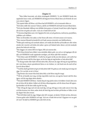 Chapter 11
1
Men folket knorrade, och detta misshagade HERREN. Ty när HERREN hörde det,
upptändes hans vrede, och HERRENS eld begynte brinna ibland dem och förtärde de som
voro ytterst i lägret.
2
Då ropade folket till Mose, och Mose bad till HERREN, och så stannade elden av.
3
Och detta ställe fick namnet Tabeera, därför att HERRENS eld hade brunnit ibland dem.
4
Och den blandade folkhop som åtföljde dem greps av lystnad; Israels barn själva begynte
då ock åter att gråta och sade: »Ack om vi hade kött att äta!
5
Vi komma ihåg fisken som vi åt i Egypten för intet, så ock gurkorna, melonerna, purjolöken,
rödlöken och vitlöken.
6
Men nu försmäkta våra själar, ty här finnes alls intet; vi få intet annat se än manna.
7
Men mannat liknade korianderfrö och hade samma utseende som bdelliumharts.
8
Folket gick omkring och samlade sådant, och malde det därefter på handkvarn eller stötte
sönder det i mortel, och kokte det sedan i gryta och bakade kakor därav; och det smakade
såsom fint bakverk med olja.
9
När daggen om natten föll över lägret, föll ock mannat där.
10
Och Mose hörde huru folket i sina särskilda släkter grät, var och en vid ingången till sitt
tält; och HERRENS vrede upptändes storligen, och Mose själv blev misslynt.
11
Och Mose sade till HERREN: »Varför har du gjort så illa mot din tjänare, och varför har
jag så litet funnit nåd för dina ögon, att du har lagt på mig bördan av hela detta folk?
12
Är då jag moder eller fader till hela detta folk, eftersom du säger till mig att jag skall bära
det i min famn, såsom spenabarnet bäres av sin vårdare, in i det land som du med ed har
lovat åt deras fäder?
13
Varifrån skall jag få kött att giva åt hela detta folk? De gråta ju och vända sig mot mig och
säga: 'Giv oss kött, så att vi få äta.'
14
Jag förmår icke ensam bära hela detta folk, ty det bliver mig för tungt.
15
Vill du så handla mot mig, så dräp mig hellre med ens, om jag har funnit nåd för dina
ögon, och låt mig slippa detta elände.»
16
Då sade HERREN till Mose: »Samla ihop åt mig sjuttio män av de äldste i Israel, dem som
du vet höra till de äldste i folket och till dess tillsyningsmän; och för dessa fram till uppen-
barelsetältet och låt dem ställa sig där hos dig.
17
Där vill jag då stiga ned och tala med dig, och jag vill taga av den ande som är över dig
och låta komma över dem; sedan skola de bistå dig med att bära på bördan av folket, så att
du slipper bära den ensam.
18
Och till folket skall du säga: Helgen eder till i morgon, så skolen I få kött att äta, eftersom
I haven gråtit inför HERREN och sagt: 'Ack om vi hade kött att äta! I Egypten var oss gott
att vara!' Så skall nu HERREN giva eder kött att äta.
274
Numbers 11
 