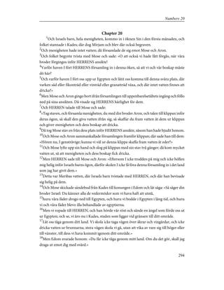 Chapter 20
1
Och Israels barn, hela menigheten, kommo in i öknen Sin i den första månaden, och
folket stannade i Kades; där dog Mirjam och blev där också begraven.
2
Och menigheten hade intet vatten; då församlade de sig emot Mose och Aron.
3
Och folket begynte tvista med Mose och sade: »O att också vi hade fått förgås, när våra
broder förgingos inför HERRENS ansikte!
4
Varför haven I fört HERRENS församling in i denna öken, så att vi och vår boskap måste
dö här?
5
Och varför haven I fört oss upp ur Egypten och låtit oss komma till denna svåra plats, där
varken säd eller fikonträd eller vinträd eller granatträd växa, och där intet vatten finnes att
dricka?»
6
Men Mose och Aron gingo bort ifrån församlingen till uppenbarelsetältets ingång och föllo
ned på sina ansikten. Då visade sig HERRENS härlighet för dem.
7
Och HERREN talade till Mose och sade:
8
»Tag staven, och församla menigheten, du med din broder Aron, och talen till klippan inför
deras ögon, så skall den giva vatten ifrån sig; så skaffar du fram vatten åt dem ur klippan
och giver menigheten och dess boskap att dricka.
9
Då tog Mose stav en från dess plats inför HERRENS ansikte, såsom han hade bjudit honom.
10
Och Mose och Aron sammankallade församlingen framför klippan; där sade han till dem:
»Hören nu, I gensträvige; kunna vi väl ur denna klippa skaffa fram vatten åt eder?»
11
Och Mose lyfte upp sin hand och slog på klippan med sin stav två gånger; då kom mycket
vatten ut, så att menigheten och dess boskap fick dricka.
12
Men HERREN sade till Mose och Aron: »Eftersom I icke trodden på mig och icke höllen
mig helig inför Israels barns ögon, därför skolen I icke få föra denna församling in i det land
som jag har givit dem.»
13
Detta var Meribas vatten, där Israels barn tvistade med HERREN, och där han bevisade
sig helig på dem.
14
Och Mose skickade sändebud från Kades till konungen i Edom och lät säga: »Så säger din
broder Israel: Du känner alla de vedermödor som vi hava haft att utstå,
15
huru våra fäder drogo ned till Egypten, och huru vi bodde i Egypten i lång tid, och huru
vi och våra fäder blevo illa behandlade av egyptierna.
16
Men vi ropade till HERREN, och han hörde vår röst och sände en ängel som förde oss ut
ur Egypten; och se, vi äro nu i Kades, staden som ligger vid gränsen till ditt område.
17
Låt oss tåga genom ditt land. Vi skola icke taga vägen över åkrar och vingårdar, och icke
dricka vatten ur brunnarna; stora vägen skola vi gå, utan att vika av vare sig till höger eller
till vänster, till dess vi hava kommit igenom ditt område.»
18
Men Edom svarade honom: »Du får icke tåga genom mitt land. Om du det gör, skall jag
draga ut emot dig med svärd.»
294
Numbers 20
 