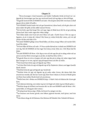 Chapter 21
1
Då nu konungen i Arad, kananéen, som bodde i Sydlandet, hörde att Israel var i an-
tågande på Atarimvägen, gav han sig i strid med Israel och tog några av dem till fånga.
2
Då gjorde Israel ett löfte åt HERREN och sade: »Om du giver detta folk i min hand, så skall
jag giva deras städer till spillo.»
3
Och HERREN hörde Israels röst och gav kananéerna i deras hand, och de gåvo dem och
deras städer till spillo; så fick stället namnet Horma.
4
Och de bröto upp från berget Hor och togo vägen åt Röda havet till, för att gå omkring
Edoms land. Men under vägen blev folket otåligt.
5
Och folket talade emot Gud och emot Mose och sade: »Varför haven I fört oss upp ur
Egypten, så att vi måste dö i öknen? Här finnes ju varken bröd eller vatten, och vår själ
vämjes vid den usla föda vi få.»
6
Då sände HERREN giftiga ormar bland folket, och dessa stungo folket; och mycket folk i
Israel blev dödat.
7
Då kom folket till Mose och sade: »Vi hava syndat därmed att vi talade mot HERREN och
mot dig. Bed till HERREN att han tager bort dessa ormar ifrån oss.» Och Mose bad för
folket.
8
Då sade HERREN till Mose: »Gör dig en orm och sätt upp den på en stång; sedan må var
och en som har blivit ormstungen se på den, så skall han bliva vid liv.»
9
Då gjorde Mose en orm av koppar och satte upp den på en stång; när sedan någon hade
blivit stungen av en orm, såg han upp på kopparormen och blev så vid liv.
10
Och Israels barn bröto upp och lägrade sig i Obot;
11
och från Obot bröto de upp och lägrade sig vid Ije-Haabarim i öknen som ligger framför
Moab, österut.
12
Därifrån bröto de upp och lägrade sig i Sereds dal.
13
Därifrån bröto de upp och lägrade sig på andra sidan Arnon, där denna bäck från
amoréernas område, där den har runnit upp, flyter fram i öknen; ty Arnon är Moabs gräns
och flyter fram mellan Moabs land och amoréernas.
14
Därför heter det i »Boken om HERRENS krig»: »Vaheb i Sufa och dalarna där Arnon går
fram,
15
och dalarnas sluttning, som sänker sig mot Ars bygd och stöder sig mot Moabs gräns.»
16
Därifrån drogo de till Beeri om brunnen där var det som HERREN sade till Mose: »För-
samla folket, så vill jag giva dem vatten.»
17
Då sjöng Israel denna sång: »Flöda, du brunn! Ja, sjungen om den,
18
om brunnen som furstar grävde, som folkets ypperste borrade, med spiran, med sina
stavar.
19
Från öknen drogo de till Mattana, från Mattana till Nahaliel, från: Nahaliel till Bamot,
296
Numbers 21
 