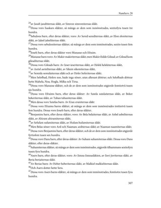 24
av Jasub jasubiternas släkt, av Simron simroniternas släkt.
25
Dessa voro Isaskars släkter, så många av dem som inmönstrades, sextiofyra tusen tre
hundra.
26
Sebulons barn, efter deras släkter, voro: Av Sered serediternas släkt, av Elon eloniternas
släkt, av Jaleel jaleeliternas släkt.
27
Dessa voro sebuloniternas släkter, så många av dem som inmönstrades, sextio tusen fem
hundra.
28
Josefs barn, efter deras släkter voro Manasse och Efraim.
29
Manasse barn voro: Av Makir makiriternas släkt; men Makir födde Gilead; av Gilead kom
gileaditernas släkt.
30
Dessa voro Gileads barn: Av Ieser ieseriternas släkt, av Helek helekiternas släkt,
31
av Asriel asrieliternas släkt, av Sikem sikemiternas släkt,
32
av Semida semidaiternas släkt och av Hefer heferiternas släkt.
33
Men Selofhad, Hefers son, hade inga söner, utan allenast döttrar; och Selofhads döttrar
hette Mahela, Noa, Hogla, Milka och Tirsa.
34
Dessa voro Manasse släkter, och de av dem som inmönstrades utgjorde femtiotvå tusen
sju hundra.
35
Dessa voro Efraims barn, efter deras släkter: Av Sutela sutelaiternas släkt, av Beker
bekeriternas släkt, av Tahan tahaniternas släkt.
36
Men dessa voro Sutelas barn: Av Eran eraniternas släkt
37
Dessa voro Efraims barns släkter, så många av dem som inmönstrades trettiotvå tusen
fem hundra. Dessa voro Josefs barn, efter deras släkter.
38
Benjamins barn, efter deras släkter, voro: Av Bela belaiternas släkt, av Asbel asbeliternas
släkt, av Ahiram ahiramiternas släkt,
39
av Sefufam sufamiternas släkt, av Hufam hufamiternas släkt.
40
Men Belas söner voro Ard och Naaman; arditernas släkt; av Naaman naamiternas släkt.
41
Dessa voro Benjamins barn, efter deras släkter, och de av dem som inmönstrades utgjorde
fyrtiofem tusen sex hundra.
42
Dessa voro Dans barn, efter deras släkter: Av Suham suhamiternas släkt. Dessa voro Dans
släkter, efter deras släkter.
43
Suhamiternas släkter, så många av dem som inmönstrades, utgjorde tillsammans sextiofyra
tusen fyra hundra.
44
Asers barn, efter deras släkter, voro: Av Jimna Jimnasläkten, av Jisvi jisviternas släkt, av
Beria beriaiternas släkt.
45
Av Berias barn: Av Heber heberiternas släkt, av Malkiel malkieliternas släkt.
46
Och Asers dotter hette Sera.
47
Dessa voro Asers barns släkter, så många av dem som inmönstrades, femtiotre tusen fyra
hundra.
307
Numbers 26
 