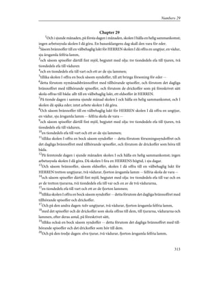 Chapter 29
1
Och i sjunde månaden, på första dagen i månaden, skolen I hålla en helig sammankomst;
ingen arbetssyssla skolen I då göra. En basunklangens dag skall den vara för eder.
2
Såsom brännoffer till en välbehaglig lukt för HERREN skolen I då offra en ungtjur, en vädur,
sju årsgamla felfria lamm,
3
och såsom spisoffer därtill fint mjöl, begjutet med olja: tre tiondedels efa till tjuren, två
tiondedels efa till väduren
4
och en tiondedels efa till vart och ett av de sju lammen;
5
tillika skolen I offra en bock såsom syndoffer, till att bringa försoning för eder --
6
detta förutom nymånadsbrännoffret med tillhörande spisoffer, och förutom det dagliga
brännoffret med tillhörande spisoffer, och förutom de drickoffer som på föreskrivet sätt
skola offras till båda: allt till en välbehaglig lukt, ett eldsoffer åt HERREN.
7
På tionde dagen i samma sjunde månad skolen I ock hålla en helig sammankomst, och I
skolen då späka eder; intet arbete skolen I då göra.
8
Och såsom brännoffer till en välbehaglig lukt för HERREN skolen I då offra en ungtjur,
en vädur, sju årsgamla lamm -- felfria skola de vara --
9
och såsom spisoffer därtill fint mjöl, begjutet med olja: tre tiondedels efa till tjuren, två
tiondedels efa till väduren,
10
en tiondedels efa till vart och ett av de sju lammen;
11
tillika skolen I offra en bock såsom syndoffer -- detta förutom försoningssyndoffret och
det dagliga brännoffret med tillhörande spisoffer, och förutom de drickoffer som höra till
båda.
12
På femtonde dagen i sjunde månaden skolen I ock hålla en helig sammankomst; ingen
arbetssyssla skolen I då göra. Då skolen I fira en HERRENS högtid, i sju dagar.
13
Och såsom brännoffer, såsom eldsoffer, skolen I då offra till en välbehaglig lukt för
HERREN tretton ungtjurar, två vädurar, fjorton årsgamla lamm -- felfria skola de vara --
14
och såsom spisoffer därtill fint mjöl, begjutet med olja: tre tiondedels efa till var och en
av de tretton tjurarna, två tiondedels efa till var och en av de två vädurarna,
15
en tiondedels efa till vart och ett av de fjorton lammen;
16
tillika skolen I offra en bock såsom syndoffer -- detta förutom det dagliga brännoffret med
tillhörande spisoffer och drickoffer.
17
Och på den andra dagen: tolv ungtjurar, två vädurar, fjorton årsgamla felfria lamm,
18
med det spisoffer och de drickoffer som skola offras till dem, till tjurarna, vädurarna och
lammen, efter deras antal, på föreskrivet sätt,
19
tillika också en bock såsom syndoffer -- detta förutom det dagliga brännoffret med till-
hörande spisoffer och det drickoffer som hör till dem.
20
Och på den tredje dagen: elva tjurar, två vädurar, fjorton årsgamla felfria lamm,
313
Numbers 29
 