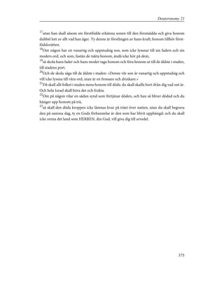 17
utan han skall såsom sin förstfödde erkänna sonen till den försmådda och giva honom
dubbel lott av allt vad han äger. Ty denne är förstlingen av hans kraft; honom tillhör först-
födslorätten.
18
Om någon har en vanartig och uppstudsig son, som icke lyssnar till sin faders och sin
moders ord, och som, fastän de tukta honom, ändå icke hör på dem,
19
så skola hans fader och hans moder taga honom och föra honom ut till de äldste i staden,
till stadens port.
20
Och de skola säga till de äldste i staden: »Denne vår son är vanartig och uppstudsig och
vill icke lyssna till våra ord, utan är en frossare och drinkare.»
21
Då skall allt folket i staden stena honom till döds: du skall skaffa bort ifrån dig vad ont är.
Och hela Israel skall höra det och frukta.
22
Om på någon vilar en sådan synd som förtjänar döden, och han så bliver dödad och du
hänger upp honom på trä,
23
så skall den döda kroppen icke lämnas kvar på träet över natten, utan du skall begrava
den på samma dag, ty en Guds förbannelse är den som har blivit upphängd; och du skall
icke orena det land som HERREN, din Gud, vill giva dig till arvedel.
375
Deuteronomy 21
 