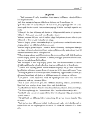 Chapter 15
1
Juda barns stam fick, efter sina släkter, sin lott söderut intill Edoms gräns, intill öknen
Sin, längst ned i söder.
2
Och deras södra gräns begynte vid ändan av Salthavet, vid dess sydligaste vik,
3
gick vidare söder om Skorpionhöjden och fram till Sin, drog sig så upp söder om Kades-
Barnea, gick därefter framom Hesron och drog sig upp till Addar samt böjde sig sedan mot
Karka.
4
Vidare gick den fram till Asmon och därifrån ut till Egyptens bäck; sedan gick gränsen ut
vid havet. »Detta», sade han, »skall vara eder gräns i söder.»
5
Gränsen i öster var Salthavet ända till Jordans utlopp. Och gränsen på norra sidan begynte
vid den vik av detta hav, där Jordan har sitt utlopp.
6
Därifrån drog sig gränsen upp mot Bet-Hogla och gick fram norr om Bet-Haaraba; vidare
drog sig gränsen upp till Bohans, Rubens sons, sten.
7
Därefter drog sig gränsen upp till Debir från Akors dal i nordlig riktning mot det Gilgal
som ligger mitt emot Adummimshöjden, söder om bäcken; sedan gick gränsen fram till
Semeskällans vatten och så ut till Rogelskällan.
8
Vidare drog sig gränsen uppåt Hinnoms sons dal, söder om Jebus' höjd, det är Jerusalem;
därefter drog sig gränsen upp till toppen av det berg som ligger gent emot Hinnomsdalen,
västerut, i norra ändan av Refaimsdalen.
9
Och från toppen av detta berg drog sig gränsen fram till Neftoavattnets källa och vidare
till städerna i Efrons bergsbygd; sedan drog sig gränsen till Baala, det är Kirjat-Jearim.
10
Och från Baala böjde sig gränsen åt väster mot Seirs bergsbygd och gick fram till Jearims
bergshöjd, det är Kesalon, norr om denna, och gick så ned till Bet-Semes och framom Timna.
11
Vidare gick gränsen till Ekrons höjd, norrut; därefter drog sig gränsen till Sickeron, gick
så framom berget Baala och därifrån ut till Jabneel; sedan gick gränsen ut vid havet.
12
Och gränsen i väster följde Stora havet; det utgjorde gränsen. Dessa voro Juda barns
gränser runt omkring, efter deras släkter.
13
Men åt Kaleb, Jefunnes son, gavs, efter HERRENS befallning till Josua, en särskild del
bland Juda barn, nämligen Arbas, Anaks faders, stad, det är Hebron.
14
Och Kaleb fördrev därifrån Anaks tre söner, Sesai, Ahiman och Talmai, Anaks avkomlingar.
15
Därifrån drog han upp mot Debirs invånare. Men Debir hette fordom Kirjat-Sefer.
16
Och Kaleb sade: »Åt den som angriper Kirjat-Sefer och intager det vill jag giva min dotter
Aksa till hustru.»
17
När då Otniel, son till Kenas, Kalebs broder, intog det, gav han honom sin dotter Aksa
till hustru.
18
Och när hon kom till honom, intalade hon honom att begära ett stycke åkermark av
hennes fader; och hon steg hastigt ned från åsnan. Då sade Kaleb till henne: »Vad önskar
du?»
431
Joshua 15
 
