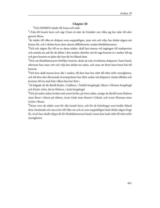 Chapter 20
1
Och HERREN talade till Josua och sade:
2
»Tala till Israels barn och säg: Utsen åt eder de fristäder om vilka jag har talat till eder
genom Mose,
3
de städer till vilka en dråpare som ouppsåtligen, utan vett och vilja, har dödat någon må
kunna fly; och I skolen hava dem såsom tillflyktsorter undan blodshämnaren.
4
Och när någon flyr till en av dessa städer, skall han stanna vid ingången till stadsporten
och omtala sin sak för de äldste i den staden; därefter må de taga honom in i staden till sig
och giva honom en plats där han får bo ibland dem.
5
Och om blodshämnaren förföljer honom, skola de icke överlämna dråparen i hans hand,
eftersom han utan vett och vilja har dödat sin nästa, och utan att förut hava burit hat till
honom.
6
Och han skall stanna kvar där i staden, till dess han har stått till rätta inför menigheten,
och till dess den dåvarande översteprästen har dött; sedan må dråparen vända tillbaka och
komma till sin stad från vilken han har flytt.»
7
Så helgade de då därtill Kedes i Galileen, i Naftali bergsbygd, Sikem i Efraims bergsbygd
och Kirjat-Arba, det är Hebron, i Juda bergsbygd.
8
Och på andra sidan Jordan mitt emot Jeriko, på östra sidan, utsågo de därtill inom Rubens
stam Beser i öknen på slätten, inom Gads stam Ramot i Gilead, och inom Manasse stam
Golan i Basan.
9
Dessa voro de städer som för alla Israels barn, och för de främlingar som bodde ibland
dem, bestämdes att vara orter till vilka var och en som ouppsåtligen hade dödat någon finge
fly, så att han skulle slippa dö för blodshämnarens hand, innan han hade stått till rätta inför
menigheten.
441
Joshua 20
 