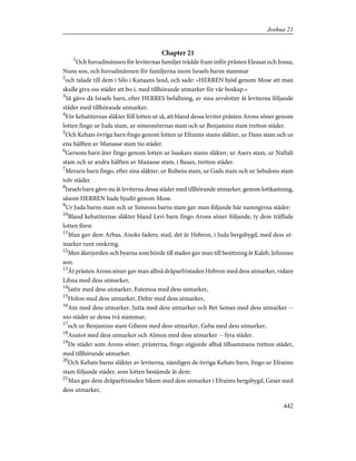 Chapter 21
1
Och huvudmännen för leviternas familjer trädde fram inför prästen Eleasar och Josua,
Nuns son, och huvudmännen för familjerna inom Israels barns stammar
2
och talade till dem i Silo i Kanaans land, och sade: »HERREN bjöd genom Mose att man
skulle giva oss städer att bo i, med tillhörande utmarker för vår boskap.»
3
Så gåvo då Israels barn, efter HERRES befallning, av sina arvslotter åt leviterna följande
städer med tillhörande utmarker.
4
För kehatiternas släkter föll lotten ut så, att bland dessa leviter prästen Arons söner genom
lotten fingo ur Juda stam, ur simeoniternas stam och ur Benjamins stam tretton städer.
5
Och Kehats övriga barn fingo genom lotten ur Efraims stams släkter, ur Dans stam och ur
ena hälften av Manasse stam tio städer.
6
Gersons barn åter fingo genom lotten ur Isaskars stams släkter, ur Asers stam, ur Naftali
stam och ur andra hälften av Manasse stam, i Basan, tretton städer.
7
Meraris barn fingo, efter sina släkter, ur Rubens stam, ur Gads stam och ur Sebulons stam
tolv städer.
8
Israels barn gåvo nu åt leviterna dessa städer med tillhörande utmarker, genom lottkastning,
såsom HERREN hade bjudit genom Mose.
9
Ur Juda barns stam och ur Simeons barns stam gav man följande här namngivna städer:
10
Bland kehatiternas släkter bland Levi barn fingo Arons söner följande, ty dem träffade
lotten först:
11
Man gav dem Arbas, Anoks faders, stad, det är Hebron, i Juda bergsbygd, med dess ut-
marker runt omkring.
12
Men åkerjorden och byarna som hörde till staden gav man till besittning åt Kaleb, Jefunnes
son.
13
Åt prästen Arons söner gav man alltså dråparfristaden Hebron med dess utmarker, vidare
Libna med dess utmarker,
14
Jattir med dess utmarker, Estemoa med dess utmarker,
15
Holon med dess utmarker, Debir med dess utmarker,
16
Ain med dess utmarker, Jutta med dess utmarker och Bet-Semes med dess utmarker --
nio städer ur dessa två stammar;
17
och ur Benjamins stam Gibeon med dess utmarker, Geba med dess utmarker,
18
Anatot med dess utmarker och Almon med dess utmarker -- fyra städer.
19
De städer som Arons söner, prästerna, fingo utgjorde alltså tillsammans tretton städer,
med tillhörande utmarker.
20
Och Kehats barns släkter av leviterna, nämligen de övriga Kehats barn, fingo ur Efraims
stam följande städer, som lotten bestämde åt dem:
21
Man gav dem dråparfristaden Sikem med dess utmarker i Efraims bergsbygd, Geser med
dess utmarker,
442
Joshua 21
 