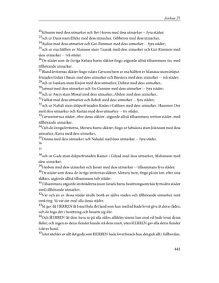 22
Kibsaim med dess utmarker och Bet-Horon med dess utmarker -- fyra städer;
23
och ur Dans stam Elteke med dess utmarker, Gibbeton med dess utmarker,
24
Ajalon med dess utmarker och Gat-Rimmon med dess utmarker -- fyra städer;
25
och ur ena hälften av Manasse stam Taanak med dess utmarker och Gat-Rimmon med
dess utmarker -- två städer.
26
De städer som de övriga Kehats barns släkter fingo utgjorde alltså tillsammans tio, med
tillhörande utmarker.
27
Bland leviternas släkter fingo vidare Gersons barn ur ena hälften av Manasse stam dråpar-
fristaden Golan i Basan med dess utmarker och Beestera med dess utmarker -- två städer;
28
och ur Isaskars stam Kisjon med dess utmarker, Dobrat med dess utmarker,
29
Jarmut med dess utmarker och En-Gannim med dess utmarker -- fyra städer;
30
och ur Asers stam Miseal med dess utmarker, Abdon med dess utmarker,
31
Helkat med dess utmarker och Rehob med dess utmarker -- fyra städer;
32
och ur Naftali stam dråparfristaden Kedes i Galileen med dess utmarker, Hammot-Dor
med dess utmarker och Kartan med dess utmarker -- tre städer.
33
Gersoniternas städer, efter deras släkter, utgjorde alltså tillsammans tretton städer, med
tillhörande utmarker.
34
Och de övriga leviterna, Meraris barns släkter, fingo ur Sebulons stam Jokneam med dess
utmarker, Karta med dess utmarker,
35
Dimna med dess utmarker och Nahalal med dess utmarker -- fyra städer.
36
37
38
och ur Gads stam dråparfristaden Ramot i Gilead med dess utmarker, Mahanaim med
dess utmarker,
39
Hesbon med dess utmarker och Jaeser med dess utmarker -- tillsammans fyra städer.
40
De städer som dessa de övriga leviternas släkter, Meraris barn, fingo på sin lott, efter sina
släkter, utgjorde alltså tillsammans tolv städer.
41
Tillsammans utgjorde levitstäderna inom Israels barns besittningsområde fyrtioåtta städer
med tillhörande utmarker.
42
Var och en av dessa städer skulle bestå av själva staden och tillhörande utmarker runt
omkring. Så var det med alla dessa städer.
43
Så gav då HERREN åt Israel hela det land som han med ed hade lovat giva åt deras fäder;
och de togo det i besittning och bosatte sig där.
44
Och HERREN lät dem hava ro på alla sidor, alldeles såsom han med ed hade lovat deras
fäder; och ingen av deras fiender kunde stå dem emot, utan HERREN gav alla deras fiender
i deras hand.
45
Intet uteblev av allt det goda som HERREN hade lovat Israels hus; det gick allt i fullbordan.
443
Joshua 21
 