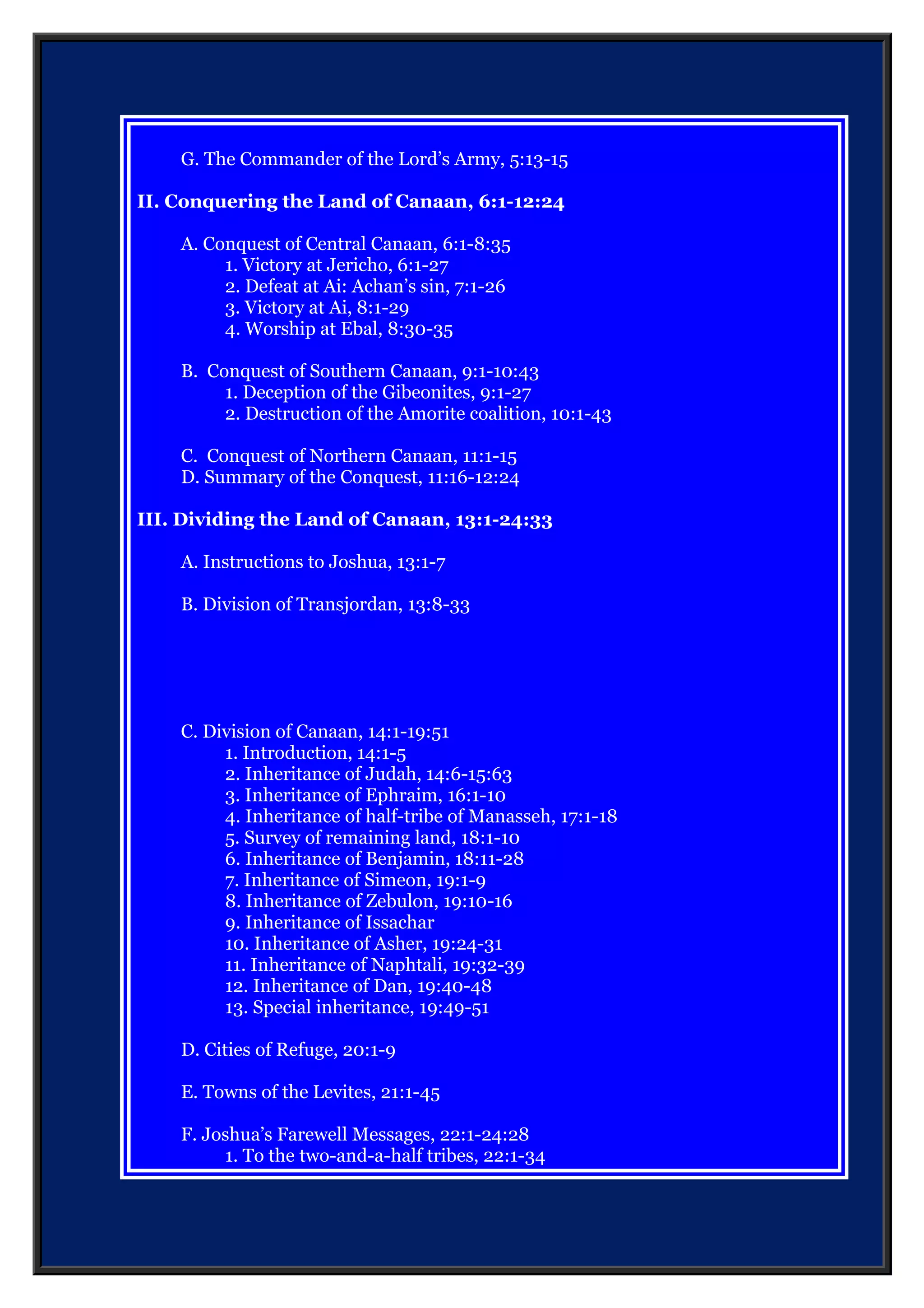B. Division of Transjordan, 13:8-33
C. Division of Canaan, 14:1-19:51
1. Introduction, 14:1-5
2. Inheritance of Judah, 14:6-15:63
3. Inheritance of Ephraim, 16:1-10
4. Inheritance of half-tribe of Manasseh, 17:1-18
5. Survey of remaining land, 18:1-10
6. Inheritance of Benjamin, 18:11-28
7. Inheritance of Simeon, 19:1-9
8. Inheritance of Zebulon, 19:10-16
9. Inheritance of Issachar
10. Inheritance of Asher, 19:24-31
11. Inheritance of Naphtali, 19:32-39
12. Inheritance of Dan, 19:40-48
13. Special inheritance, 19:49-51
D. Cities of Refuge, 20:1-9
E. Towns of the Levites, 21:1-45
F. Joshua’s Farewell Messages, 22:1-24:28
1. To the two-and-a-half tribes, 22:1-34
2. To the rulers, 23:1-16
3. To the people, 24:1-28
G. The Death of Joshua, 24:29-33
■ Source: The RYRIE Study Bible – New International Version
 
