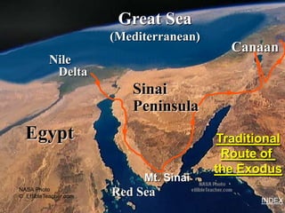 Great Sea
                                              Route of the Exodus




                      (Mediterranean)
                                          Canaan
          Nile
           Delta
                         Sinai
                         Peninsula
  Egypt                                 Traditional
                                         Route of
                                        the Exodus
                           Mt. Sinai
NASA Photo
© EBibleTeacher.com   Red Sea
                                                                    INDEX
 