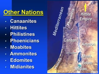 Nations of Canaan




Other Nations                                          Hittite
                                                       Empire
•   Canaanites
•   Hittites




                                   River
•   Philistines
                      Canaan




                                    Jordan
•   Phoenicians
                                                        Ammon
•   Moabites
•   Ammonites          Jerusalem
                                 Moab
•   Edomites                      Edom
•   Midianites                Midian
                  ©                                          INDEX
 