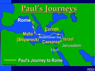 Paul’s Journeys
                                                                          Paul’s Journey to Rome




              Paul- Journey to Rome




                                      Rome
                                                   Corinth
                                         Malta
                                                 Mediterranean Sea
                                      (Shipwreck) Caesarea Israel
                                                              Jerusalem
                                                      Egypt


                                      Paul’s Journey to Rome
© EBibleTeacher.com

                                                                                          INDEX
 