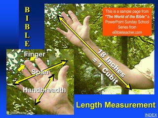 B                    This is a sample page from
                                                       “The World of the Bible” a
           Cubit Diagram Sample
                                  I                    PowerPoint Sunday School
                                  B                             Series from
                                                           eBibleteacher.com
                                  L
                                  E
                                  Finger

                                      Span

                   Handbreadth

                                                Length Measurement
© EBibleTeacher.com
                                                                              INDEX
 
