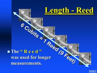 Length - Reed



 The“Reed”
 was used for longer
 measurements.
                           INDEX
 