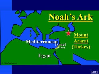 Noah’s Ark 1




                               Noah’s Ark
                                                              Mount
                      Mediterranean                           Ararat
                                   Israel
                                   (Future)                  (Turkey)
                           Egypt
© EBibleTeacher.com



                                                                        INDEX
 