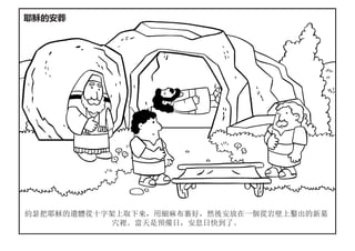 約瑟把耶穌的遺體從十字架上取下來，用細麻布裹好，然後安放在一個從岩壁上鑿出的新墓
穴裡。當天是預備日，安息日快到了。
耶穌的安葬
 