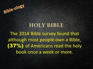 The 2014 Bible survey found that
although most people own a Bible,
(37%) of Americans read the holy
book once a week or more.
 