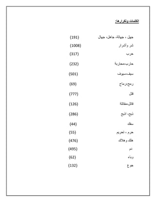 :‫وتكرارها‬ ‫الكلمات‬
‫جهال‬ ,‫جاهل‬ ,‫جهالة‬ , ‫جهل‬(191)
‫وأشرار‬ ‫شر‬(1008)
‫حرب‬(317)
‫حارب,محاربة‬(232)
‫سٌف,سٌوف‬(501)
‫رمح,رماح‬(69)
‫قتل‬(777)
‫قاتل,مقاتلة‬(126)
‫اذبح‬ ,‫ذبح‬(286)
‫سفك‬(44)
‫تحرٌم‬ , ‫حرم‬(55)
‫وهالك‬ ‫هلك‬(476)
‫دم‬(495)
‫وباء‬(62)
‫جوع‬(132)
 