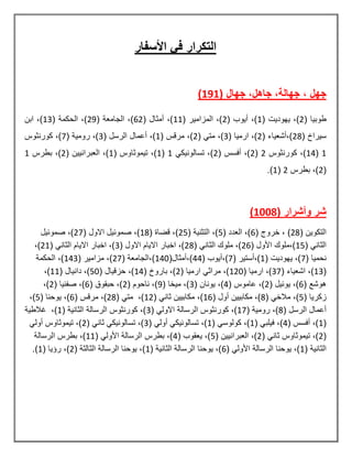 ‫األسفار‬ ‫في‬ ‫التكرار‬
‫جهل‬( ‫جهال‬ ,‫جاهل‬ ,‫جهالة‬ ,191)
‫طوبٌا‬(2( ‫ٌهودٌت‬ ,)1( ‫أٌوب‬ ,)2( ‫المزامٌر‬ ,)11( ‫أمثال‬ ,)62( ‫الجامعة‬ ,)29( ‫الحكمة‬ ,)13‫ابن‬ ,)
( ‫سٌراخ‬28( ‫),أشعٌاء‬2( ‫ارمٌا‬ ,)3( ً‫مت‬ ,)2( ‫مرقس‬ ,)1( ‫الرسل‬ ‫أعمال‬ ,)3( ‫رومٌة‬ ,)7‫كورنثوس‬ ,)
1(14‫كورنثوس‬ ,)2(2( ‫أفسس‬ ,)2ً‫تسالونٌك‬ ,)1(1( ‫تٌموثاوس‬ ,)1( ‫العبرانٌٌن‬ ,)2‫بط‬ ,)‫رس‬1
(2‫بطرس‬ ,)2(1.)
( ‫وأشرار‬ ‫شر‬1008)
( ‫التكوٌن‬28( ‫خروج‬ , )6( ‫العدد‬ ,)5( ‫التثنٌة‬ ,)25( ‫قضاة‬ ,)18( ‫االول‬ ‫صموئٌل‬ ,)27‫صموئٌل‬ ,)
( ً‫الثان‬15( ‫األول‬ ‫),ملوك‬26( ً‫الثان‬ ‫ملوك‬ ,)28( ‫االول‬ ‫االٌام‬ ‫اخبار‬ ,)3( ً‫الثان‬ ‫االٌام‬ ‫اخبار‬ ,)21,)
( ‫نحمٌا‬7( ‫ٌهودٌت‬ ,)1( ‫),أستٌر‬7,)( ‫أٌوب‬44,)‫أمثال‬(140( ‫),الجامعة‬27( ‫مزامٌر‬ ,)143‫الحكمة‬ ,)
(13( ‫اشعٌاء‬ ,)37( ‫ارمٌا‬ ,)120( ‫ارمٌا‬ ً‫مراث‬ ,)2( ‫باروخ‬ ,)14( ‫حزقٌال‬ ,)50( ‫دانٌال‬ ,)11,)
( ‫هوشع‬6( ‫ٌوئٌل‬ ,)2( ‫عاموس‬ ,)4( ‫ٌونان‬ ,)3( ‫مٌخا‬ ,)9( ‫ناحوم‬ ,)2( ‫حبقوق‬ ,)6( ‫صفنٌا‬ ,)2,)
( ‫زكرٌا‬5( ً‫مالخ‬ ,)8ٌ‫مكاب‬ ,)( ‫أول‬ ‫ٌن‬16( ً‫ثان‬ ‫مكابٌٌن‬ ,)12( ً‫مت‬ ,)28( ‫مرقس‬ ,)6( ‫ٌوحنا‬ ,)5,)
( ‫الرسل‬ ‫أعمال‬8( ‫رومٌة‬ ,)17( ً‫االول‬ ‫الرسالة‬ ‫كورنثوس‬ ,)3( ‫الثانٌة‬ ‫الرسالة‬ ‫كورنثوس‬ ,)1‫غالطٌة‬ ,)
(1( ‫أفسس‬ ,)4( ً‫فٌلب‬ ,)1( ً‫كولوس‬ ,)1( ً‫أول‬ ً‫تسالونٌك‬ ,)3( ً‫ثان‬ ً‫تسالونٌك‬ ,)2ً‫أول‬ ‫تٌموثاوس‬ ,)
(2‫ت‬ ,)( ً‫ثان‬ ‫ٌموثاوس‬2( ‫العبرانٌٌن‬ ,)5( ‫ٌعقوب‬ ,)4( ً‫األول‬ ‫الرسالة‬ ‫بطرس‬ ,)11‫الرسالة‬ ‫بطرس‬ ,)
( ‫الثانٌة‬1( ً‫األول‬ ‫الرسالة‬ ‫ٌوحنا‬ ,)6( ‫الثانٌة‬ ‫الرسالة‬ ‫ٌوحنا‬ ,)1( ‫الثالثة‬ ‫الرسالة‬ ‫ٌوحنا‬ ,)2( ‫رؤٌا‬ ,)1.)
 