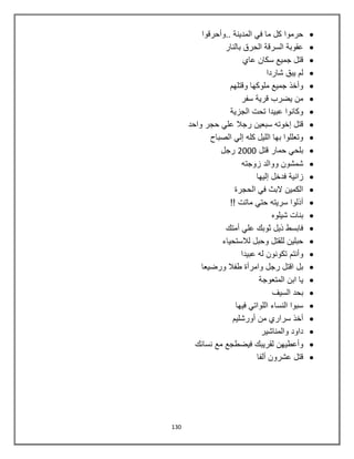 130
‫..وأحرقوا‬ ‫المدينة‬ ‫في‬ ‫ما‬ ‫كل‬ ‫حرموا‬
‫بالنار‬ ‫الحرق‬ ‫السرقة‬ ‫عقوبة‬
‫عاي‬ ‫سكان‬ ‫جميع‬ ‫قتل‬
‫شاردا‬ ‫يبق‬ ‫لم‬
‫وقتلهم‬ ‫ملوكها‬ ‫جميع‬ ‫وأخذ‬
‫سفر‬ ‫قرية‬ ‫يضرب‬ ‫من‬
‫الجزية‬ ‫تحت‬ ‫عبيدا‬ ‫وكانوا‬
‫واحد‬ ‫حجر‬ ‫علي‬ ‫رجال‬ ‫سبعين‬ ‫إخوته‬ ‫قتل‬
‫الصباح‬ ‫إلي‬ ‫كله‬ ‫الليل‬ ‫بها‬ ‫وتعللوا‬
‫قتل‬ ‫حمار‬ ‫بلحي‬2000‫رجل‬
‫زوجته‬ ‫ووالد‬ ‫شمشون‬
‫ز‬‫ا‬‫ن‬‫ي‬‫ة‬‫فدخل‬‫إ‬‫ليها‬
‫الحجرة‬ ‫في‬ ‫البث‬ ‫الكمين‬
!! ‫ماتت‬ ‫حتي‬ ‫سريته‬ ‫أذلوا‬
‫شيلوه‬ ‫بنات‬
‫أمتك‬ ‫علي‬ ‫ثوبك‬ ‫ذيل‬ ‫فابسط‬
‫لالستحياء‬ ‫وحبل‬ ‫للقتل‬ ‫حبلين‬
‫عبيدا‬ ‫له‬ ‫تكونون‬ ‫وأنتم‬
‫ورضيعا‬ ‫طفال‬ ‫وامرأة‬ ‫رجل‬ ‫اقتل‬ ‫بل‬
‫المتعوجة‬ ‫ابن‬ ‫يا‬
‫السيف‬ ‫بحد‬
‫فيها‬ ‫اللواتي‬ ‫النساء‬ ‫سبوا‬
‫أورشليم‬ ‫من‬ ‫سراري‬ ‫أخذ‬
‫والمناشير‬ ‫داود‬
‫لقريبك‬ ‫وأعطيهن‬‫م‬ ‫فيضطجع‬‫ع‬‫نسائك‬
‫ألفا‬ ‫عشرون‬ ‫قتل‬
 