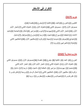 4
‫األسفار‬ ‫في‬ ‫التكرار‬
( ‫حرب‬317)
( ‫التكوين‬2( ‫),الخروج‬4‫),العدد‬(30( ‫),التثنية‬17( ‫),يشوع‬19( ‫),قضاة‬14,)
( ‫األول‬ ‫صموئيل‬27( ‫الثاني‬ ‫صموئيل‬ , )18( ‫األول‬ ‫),الملوك‬13( ‫الثاني‬ ‫,الملوك‬ )7‫األيام‬ ‫),أخبار‬
( ‫األول‬24( ‫الثاني‬ ‫األيام‬ ‫),أخبار‬13(‫),يهوديت‬7( ‫),أيوب‬4( ‫),مزامير‬4( ‫),أمثال‬3( ‫),الجامعة‬4‫),نشيد‬
( ‫االنشاد‬1( ‫),الحكمة‬2( ‫),سيراخ‬6‫),اش‬( ‫عياء‬9( ‫),ارميا‬22( ‫),باروخ‬3( ‫),حزقيال‬7‫),دانيال‬
(3( ‫),هوشع‬4( ‫),يوئيل‬3( ‫),عوبديا‬1( ‫),ميخا‬2( ‫),زكريا‬2( ‫األول‬ ‫),مكابيين‬28‫الثاني‬ ‫),المكابيين‬
(5( ‫),لوقا‬1( ‫),العبرانيين‬1( ‫),رؤيا‬7)
( ‫حارب,محاربة‬232)
( ‫الخروج‬4( ‫العدد‬ ,)4( ‫,التثنية‬ )8( ‫,يشوع‬ )18( ‫,قضاة‬ )36‫),صموئيل‬( ‫األول‬22‫الثاني‬ ‫صموئيل‬ ,)
(9( ‫األول‬ ‫,الملوك‬ )11( ‫الثاني‬ ‫,الملوك‬ )11( ‫األول‬ ‫األيام‬ ‫,أخبار‬ )4‫الثاني‬ ‫األيام‬ ‫,أخبار‬ )
(19( ‫),نحميا‬3(‫,يهوديت‬ )1( ‫,مزامير‬ )2( ‫,الحكمة‬ )2( ‫,اشعياء‬ )10( ‫,ارميا‬ )17( ‫,دانيال‬ )5)
( ‫,زكريا‬4( ‫األول‬ ‫,مكابيين‬ )24( ‫الثاني‬ ‫,المكابيين‬ )1‫),أ‬( ‫الرسل‬ ‫عمال‬2( ‫),رومية‬1‫),كورنثوس‬1
(1‫,كورنثوس‬ )2(2( ‫),تيموثاوس‬2( ‫),يعقوب‬2( ‫),بطرس‬1( ‫,رؤيا‬ )6)
 