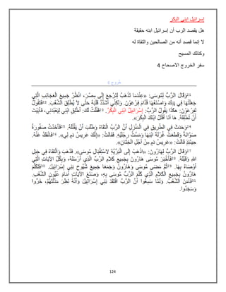 124
‫البكر‬ ‫ابني‬ ‫إسرائيل‬
‫حقيقة‬ ‫ابنه‬ ‫إسرائيل‬ ‫أن‬ ‫الرب‬ ‫يقصد‬ ‫هل‬
‫له‬ ‫والتقاة‬ ‫الصالحين‬ ‫من‬ ‫أنه‬ ‫قصد‬ ‫إنما‬ ‫ال‬
‫وكذلك‬‫المسيح‬
‫االصحاح‬ ‫الخروج‬ ‫سفر‬4
 