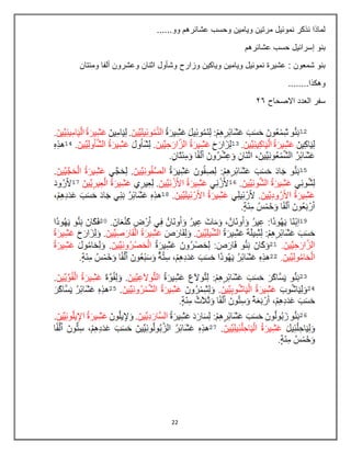 22
......‫وو‬ ‫عشابرهم‬ ‫وحسب‬ ‫ويامين‬ ‫مرتين‬ ‫نموبيل‬ ‫نذكر‬ ‫لماذا‬
‫عشابرهم‬ ‫حسب‬ ‫إسرابيل‬ ‫بنو‬
‫وزارح‬ ‫وياكين‬ ‫ويامين‬ ‫نموبيل‬ ‫عشيرة‬ : ‫شمعون‬ ‫بنو‬
‫ومبتان‬ ‫ألفا‬ ‫وعشرون‬ ‫اثنان‬ ‫وشأول‬
........‫وهكذا‬
‫االصحاح‬ ‫العدد‬ ‫سفر‬
37
 