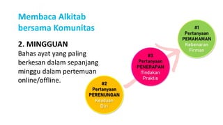 2. MINGGUAN
Bahas ayat yang paling
berkesan dalam sepanjang
minggu dalam pertemuan
online/offline.
Membaca Alkitab
bersama Komunitas
 