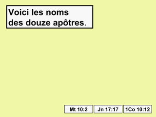 Voici les noms
des douze apôtres.




              Mt 10:2   Jn 17:17   1Co 10:12
 
