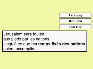 Lc 21:24
                                 Rm 1:20
                                 1Co 11:3

Jérusalem sera foulée 
aux pieds par les nations
jusqu’à ce que les temps fixés des nations
soient accomplis.
 