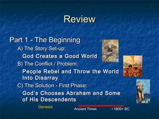 ReviewReview
Part 1 - The BeginningPart 1 - The Beginning
A) The Story Set-up:A) The Story Set-up:
God Creates a Good WorldGod Creates a Good World
B) The Conflict / Problem:B) The Conflict / Problem:
People Rebel and Throw the WorldPeople Rebel and Throw the World
Into DisarrayInto Disarray
C) The Solution - First Phase:C) The Solution - First Phase:
God’s Chooses Abraham and SomeGod’s Chooses Abraham and Some
of His Descendentsof His Descendents
Ancient Times ~1800+ BC
Genesis
 