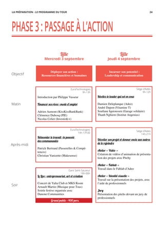Objectif
Après-midi
Soir
Matin
PHASE3:PASSAGEÀL’ACTION
Lille
Jeudi 4 septembre
Lille
Mercredi 3 septembre
Incarner son potentiel :
Leadership et communication
Déployer son action :
Ressources financières et humaines
Révélez le leader qui est en vous
Damien Deleplanque (Adeo)
André Dupon (Vitamine T)
Soufiane Iquioussen (Garage solidaire)
Thanh Nghiem (Institut Angenius)
Dévoiler son projet et donner envie aux autres
de le rejoindre
Atelier « Vidéo »
Création de vidéos d’animation de présenta-
tion des projets avec Pitchy
Atelier « Fablab »
Travail dans le Fablab d’Adeo
Atelier « Identité visuelle »
Travail sur la présentation des projets, avec
l’aide de professionnels
Jury
Présentation des pitchs devant un jury de
professionnels
Introduction par Philippe Vasseur
Financer ses rêves : mode d’emploi
Adrien Aumont (KissKissBankBank)
Clémence Dubosq (PIE)
Nicolas Celier (Investir&+)
Réinventer le travail : le pouvoir
des communautés
Patrick Bertrand (Passerelles & Compé-
tences)
Christian Vanizette (Makesense)
Le Live : entrepreneuriat, art et création
Concert de Yalta Club et MKS Room
Arnault Martin (Musique pour Tous)
Soirée festive organisée avec
Danone Communities
Siège d’Adéo
9h-12h
Siège d’Adeo
14h-21h
EuraTechnologies
9h-13h
EuraTechnologies
14h-17h30
Gare Saint-Sauveur
18h-00h
LA PRÉPARATION - LE PROGRAMME DU TOUR 24
Grand public : 400 pers.
 
