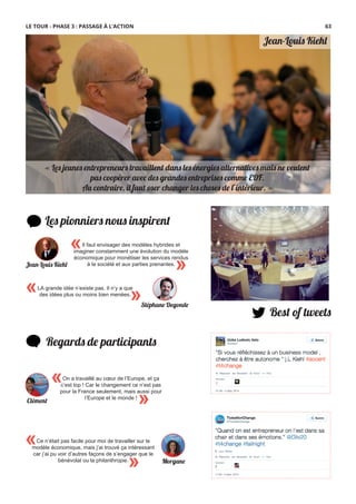 Jean-Louis Kiehl
« Les jeunes entrepreneurs travaillent dans les énergies alternatives mais ne veulent
pas coopérer avec des grandes entreprises comme EDF.
Au contraire, il faut oser changer les choses de l’intérieur. »
Les pionniers nous inspirent
«
»
Il faut envisager des modèles hybrides et
imaginer constamment une évolution du modèle
économique pour monétiser les services rendus
à la société et aux parties prenantes.
« »
LA grande idée n’existe pas. Il n’y a que
des idées plus ou moins bien menées.
Best of tweets
Regards de participants
On a travaillé au cœur de l’Europe, et ça
c’est top ! Car le changement ce n’est pas
pour la France seulement, mais aussi pour
l’Europe et le monde !
«
»
Jean-Louis Kiehl
Stéphane Degonde
Clément
Ce n’était pas facile pour moi de travailler sur le
modèle économique, mais j’ai trouvé ça intéressant
car j’ai pu voir d’autres façons de s’engager que le
bénévolat ou la philanthropie.
«
» Morgane
LE TOUR - PHASE 3 : PASSAGE À L’ACTION 63
 