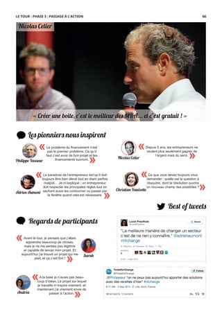 Nicolas Celier
« Créer une boite, c’est le meilleur des MBA... et c’est gratuit ! »
Les pionniers nous inspirent
Best of tweets
Regards de participants
A la base je n’avais pas beau-
coup d’idées. Le projet sur lequel
je travaille m’inspire vraiment, et
maintenant j’ai vraiment envie de
passer à l’action.
«
»
Avant le tour, je pensais que j’allais
apprendre beaucoup de choses,
mais je ne me sentais pas légitime
et capable de lancer mon projet. Et
aujourd’hui j’ai trouvé un projet qui me
plait, et ça c’est fort !
«
»
«
»
Le paradoxe de l’entrepreneur est qu’il doit
toujours être bien élevé tout en étant parfois
malpoli… Je m’explique : un entrepreneur
doit respecter les principales règles tout en
sachant aussi les contourner ou passer par
la fenêtre quand cela est nécessaire.
Adrien Aumont
Le problème du ﬁnancement n’est
pas le premier problème. Ce qu’il
faut c’est avoir de bon projet et les
ﬁnancements suivront.
«
»Philippe Vasseur
Christian Vanizette
«
»
Ce que vous devez toujours vous
demander : quelle est la question à
résoudre, dont la résolution ouvrira
un nouveau champ des possibles ?
Andréa
«
»
Depuis 5 ans, les entrepreneurs ne
veulent plus seulement gagner de
l’argent mais du sens.
Nicolas Celier
Sarah
LE TOUR - PHASE 3 : PASSAGE À L’ACTION 66
 