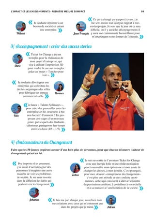 3/ Accompagnement : créer des sucess stories
4/ Ambassadeurs du Changement
Faire que les 50 jeunes inspirent autour d’eux bien plus de personnes, pour que chacun découvre l’acteur de
changement qui est en lui.
Je souhaite répondre à un
besoin de société en créant
une entreprise.
«
»
«
»
Ce qui a changé par rapport à avant : je
me sens moins tout seul par rapport à mes
envies/projets. Je sens que le jour où ce sera
difficile, où il y aura des découragements il
y aura une communauté bienveillante pour
m’encourager et me donner de l’énergie.
»
« Je souhaite développer une
entreprise qui collectera les
déchets organiques des villes
pour fabriquer un terreau
commercialisable.
«
»
Je lance « Talents Solidaires »,
pour créer des passerelles entre les
entreprises et les structures à but
non lucratif. Comment ? En pro-
posant des stages d’un nouveau
genre, par lesquels des étudiants
talentueux partageront leur temps
entre les deux (4/5 – 1/5).
«
»
Ticket for Change a été un
tremplin pour la réalisation de
mon projet d’entreprise, qui
vise à utiliser l’impression 3D
pour rendre la vue aux aveugles
grâce au projet « Toucher pour
voir ».
Je fais ma part chaque jour, aussi bien dans
mes relations avec ceux qui m’entourent que
dans les projets que je mène.
Je suis ressortie de l’aventure Ticket for Change
avec une énergie folle et une réelle motivation
pour transmettre mon optimisme et mon envie de
changer les choses, à mon échelle. C’est pourquoi,
pour moi, devenir «entrepreneur du changement»
c’est plus une attitude et une conduite quoti-
diennes, celles qui consistent à aller à l’encontre
du pessimisme ambiant, à contribuer à son échelle
et à sa manière à l’amélioration de la société.
«
»
«
»
Peu importe où et comment,
j’ai envie d’accompagner des
personnes à imaginer une autre
manière de voir les problèmes
de société. Je me sens investie
dans la diffusion des idées qui
portent vers le changement.
«
»
L’IMPACT ET LES ENSEIGNEMENTS - PREMIÈRE MESURE D’IMPACT
Thibaut Jean-François
Chris
Florence
Fél�
Johanna
Zohra
Adrien
84
 