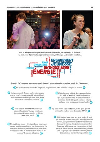Plus de 150 personnes ayant participé aux évènements, on répondu à la question :
« 3 mots pour déﬁnir votre expérience de Ticket for Change », et voici les résultats…
« »Un grand énorme merci ! Le simple fait de généraliser votre initiative changera le monde.
«
»
Certains conseils donnés par les intervenants
restent gravés en moi et m’aide au quotidien à
mobiliser toute mon énergie dans mon projet
de création d’entreprise solidaire.
»
«Juste un mot BRAVO ! On en ressort
émerveillé, plein d’énergie et je tenais
sincèrement à vous remercier et féliciter
pour votre travail !
«
»
Il y a des belles idées en France, et des gens qui ont
envie de les réaliser en se donnant à 200% !
»
«Cet événement a laissé des traces profondes
chez moi. Je bénéficie encore de l’énergie
que le groupe a insuﬄé, et cet événement m’à
confortée dans l’idée que la jeunesse est une
richesse pour mon pays et non un boulet.
«
»
Un pari fou et réussi ! C’est une leçon pour tous :
tout est possible quand on en a vraiment envie. Le
monde est bourré de gens ambitieux et bien inten-
tionnés et il suffit de déclencher un déclic en eux
pour qu’ils passent à l’action.
«
»
Félicitations pour votre très beau projet. Je n’ai
pas participé au tour mais grâce à vos évènements
publics, j’ai quand même pu bénéficier de votre
boosteur d’énergie. Vos évènements m’ont fait
beaucoup réfléchir sur ma vie pro et perso. j’ai
envie de mettre plus de sens dans ce que je fais et
c’est ce que j’ai déjà commencé à faire. je veux
être acteur de ma vie. Merci pour tout.
L’IMPACT ET LES ENSEIGNEMENTS - PREMIÈRE MESURE D’IMPACT
Best of « Qu’est ce que vous retenez après 1 mois ? » (questionnaire envoyé au public des évènements) :
86
 