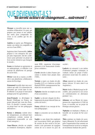 QUEDEVIENNENT-ILS?Ils seront acteurs de changement... autrement !
Morgan va travailler pour une as-
sociation d'éducation à la paix qui
propose aux jeunes et aux adultes
des outils pour comprendre les
crises et les conflits qui les en-
tourent ;
Andréa est partie aux Philippines
mettre son métier de comptable au
service d’une ONG ;
Ingénieur dans l'automobile, Julien
propose à son entreprise des pro-
jets plus impactants, fait des confé-
rences pour présenter un projet de
livre sur des initiatives qui changent
le monde ;
Issam est étudiant en agronomie et
en anthropologie, et réfléchit à un
concept de plateforme de partage
de savoir-faire.
Olivier vient de se marier, et réflé-
chit à une plateforme collaborative
autour du bricolage.
Emmanuel travaille dans une asso-
ciation qui aide à la réinsertion de
personnes qui vivent dans la rue.
Il réfléchit à un projet d’innovation
pratique pour les agriculteurs ;
Jean-François va développer le
Rachel Challenge en France, un
projet éducatif qui vient des États-
Unis. Il cherche à monter ensuite
un projet basé sur des pédagogies
alternatives ;
Kenza et Johanna veulent deve-
nir intrapreneurs, en utilisant leurs
compétences comme vecteur de
changement responsable au sein
d’une entreprise ;
Anne-Maryse cherche un emploi
en fondation d'entreprise, départe-
ET MAINTENANT - QUE DEVIENNENT-ILS ?
ment RSE, organisme d'accompa-
gnement et de financement d'entre-
prises solidaires ;
Carole cherche à aider d'autres per-
sonnes à monter leurs projets dans
l’ESS ;
Noémie a repris ses études de phi-
losophie (L2), et s’intéresse au pôle
Pépite/ETENA (entrepreneuriat étu-
diant) de son université ;
Tiphaine cherche un emploi au sein
d’une association ;
Sophie va devenir chargée de déve-
loppement de projet éducatif dans un
centre de loisirs ;
Fanny réfléchit à un concept de ba-
teau pédagogique ;
Anne se concentre sur ses études de
médecine ;
Sophie va sans doute être employée
par l'association FaSol, qui propose
de recréer du lien social et de per-
mettre à des personnes de regagner
estime de soi à travers les jeux de
société ;
Ludovic est retourné à son métier
d’infirmier/ pompier volontaire, et
souhaite initier un projet d’entre-
preneuriat social dans les années à
venir ;
Alban reprend ses études de com-
merce (encore 18 mois dont 6 en
Angleterre) ;
Marie étudie à Madrid jusqu’en dé-
cembre, puis poursuivra son cursus
en communication en alternance
pendant 1 an ;
Johanne suit un Master de mana-
gement des organisation à l’IAE de
Lyon, et travaille sur un projet de
boutique artisan glacier ;
Tiphaine est étudiante à Nantes, et
travaille sur un projet de bar asso-
ciatif ;
Théo continue ses études de socio-
logie à Montréal. Il a été sélectionné
pour l'organisation d'un sommet sur
l'entrepreneuriat social et va intégrer
un incubateur étudiant dès janvier. 
98
 
