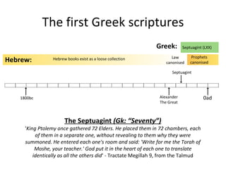 Septuagint (LXX) The Septuagint  (Gk: “Seventy”) ' King Ptolemy once gathered 72 Elders. He placed them in 72 chambers, each of them in a separate one, without revealing to them why they were summoned. He entered each one's room and said: 'Write for me the Torah of Moshe, your teacher.' God put it in the heart of each one to translate identically as all the others did ‘ - Tractate Megillah 9, from the Talmud The first Greek scriptures Hebrew books exist as a loose collection Law canonised Prophets canonised Septuagint Alexander The Great 0ad 1800bc Hebrew: Greek: 