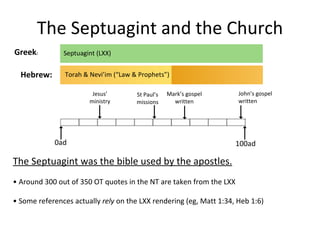 The Septuagint and the Church The Septuagint was the bible used by the apostles. •  Around 300 out of 350 OT quotes in the NT are taken from the LXX •  Some references actually  rely  on the LXX rendering (eg, Matt 1:34, Heb 1:6) Torah & Nevi’im (“Law & Prophets”) Septuagint (LXX) Jesus’ ministry 0ad 100ad Hebrew: Greek : St Paul’s missions Mark’s gospel written John’s gospel written 