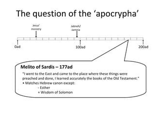 The question of the ‘apocrypha’ 200ad Melito of Sardis – 177ad “ I  went to the East and came to the place where these things were preached and done, I learned accurately the books of the Old Testament.” •  Matches Hebrew canon except: - Esther + Wisdom of Solomon Jesus’ ministry Jabneh/ Jamnia 0ad 100ad 