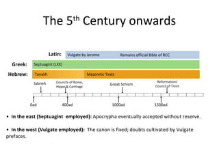 The 5 th  Century onwards Tanakh •  In the east (Septuagint  employed):  Apocrypha eventually accepted without reserve. •  In the west (Vulgate employed):  The canon is fixed; doubts cultivated by Vulgate prefaces. Vulgate by Jerome Remains official Bible of RCC Septuagint (LXX) Masoretic Texts Reformation/ Council of Trent Great Schism Councils of Rome, Hippo & Carthage Jabneh 0ad 400ad 1000ad 1500ad Hebrew: Greek: Latin: 